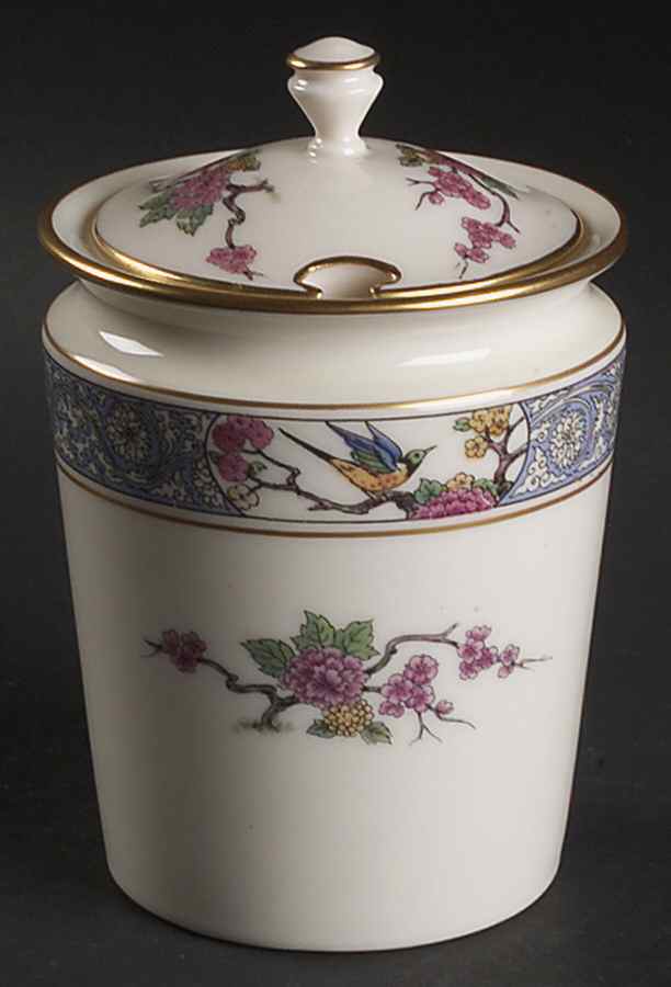 Ming-Birds (Older, Cream, Black Green Stamp) Marmalade & Lid by Lenox-1