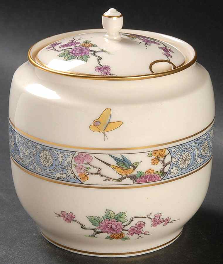 Ming-Birds (Older, Cream, Black Green Stamp) Marmalade & Lid by Lenox-1