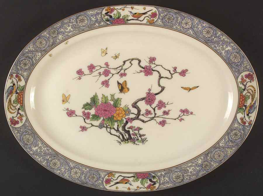 Ming-Birds (Older, Cream, Black Green Stamp) 13" Oval Serving Platter by Lenox-1