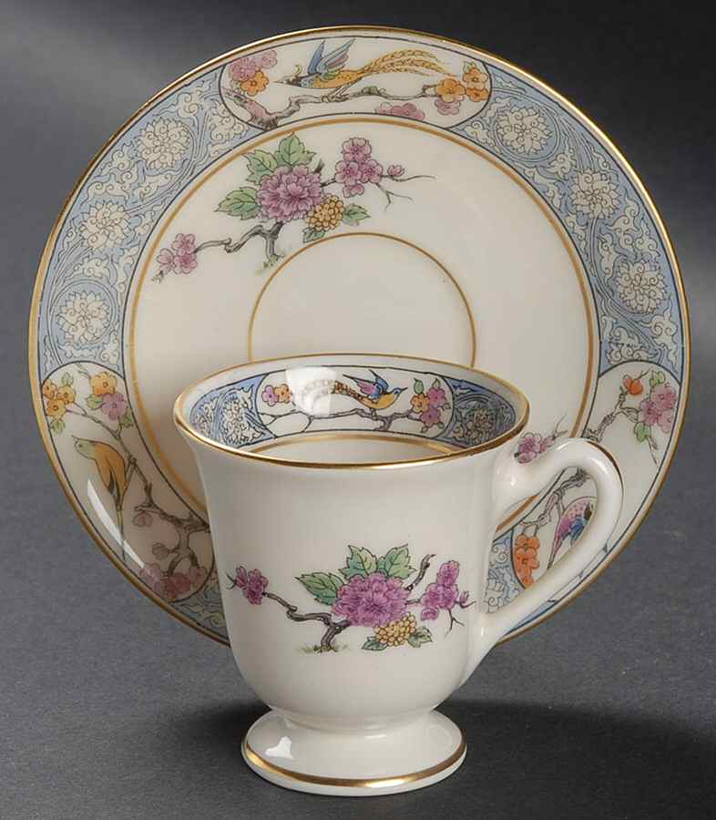 Ming-Birds (Older, Cream, Black Green Stamp) Footed Demitasse Cup & Saucer Set by Lenox-1