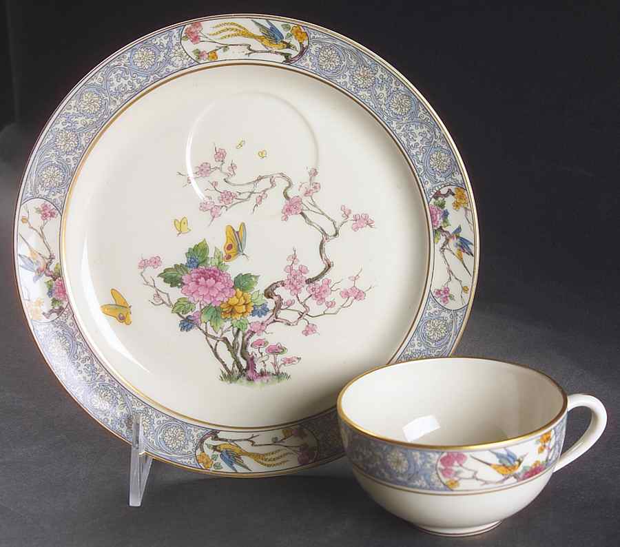 Ming-Birds (Older, Cream, Black Green Stamp) Snack Plate & Cup Set by Lenox-1