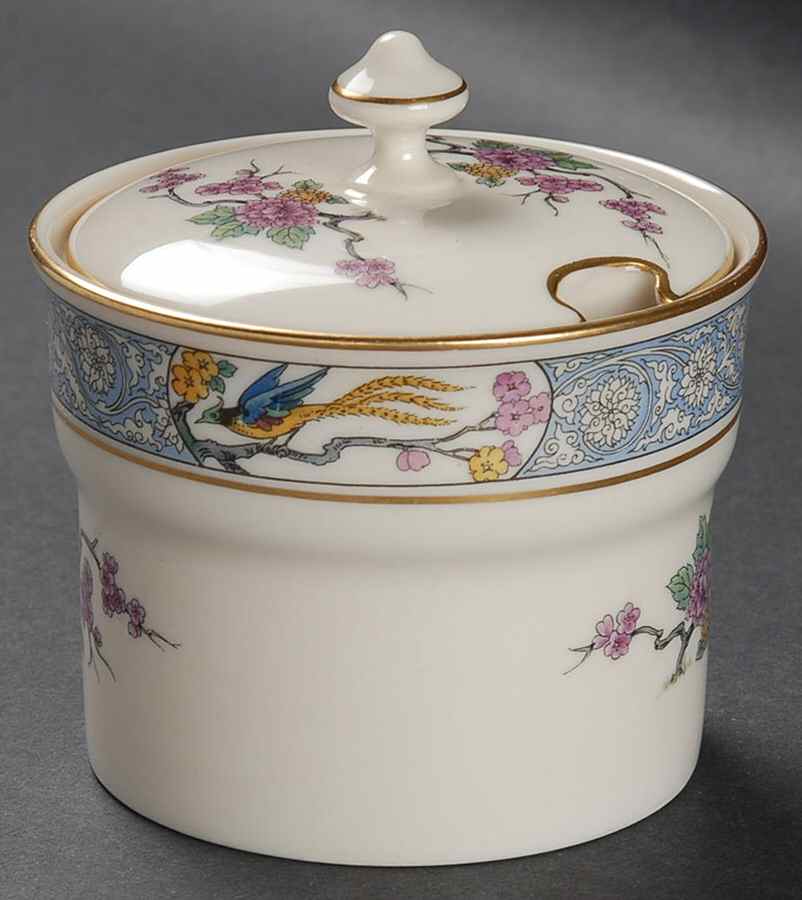 Ming-Birds (Older, Cream, Black Green Stamp) Jam/Jelly & Lid by Lenox-1