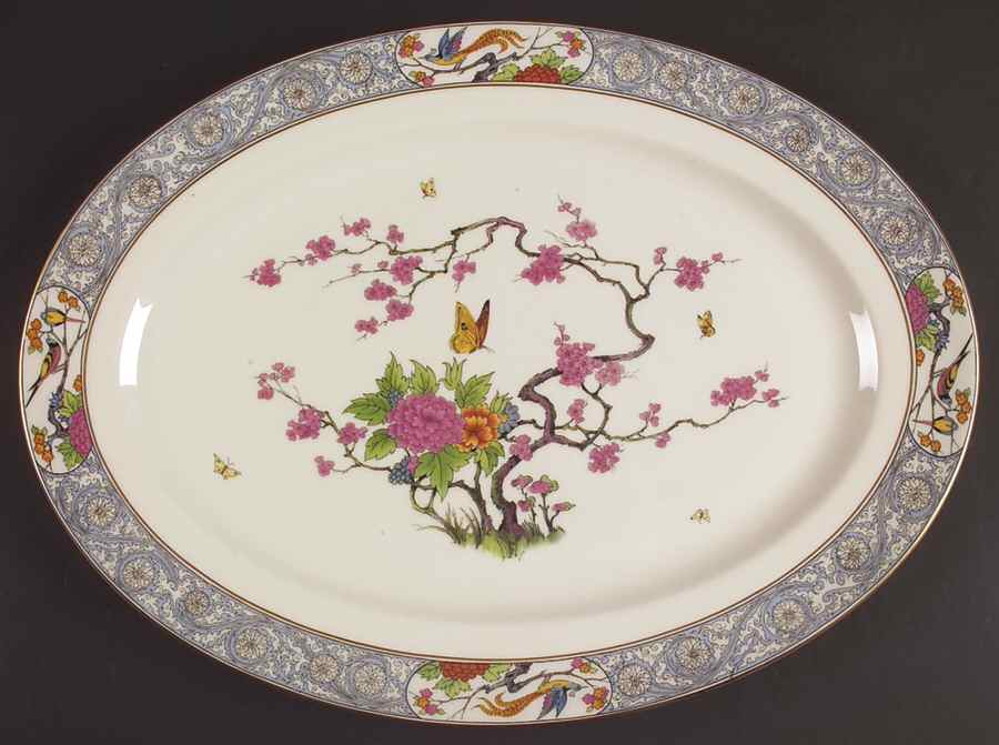 Ming-Birds (Older, Cream, Black Green Stamp) 18" Oval Serving Platter by Lenox-1