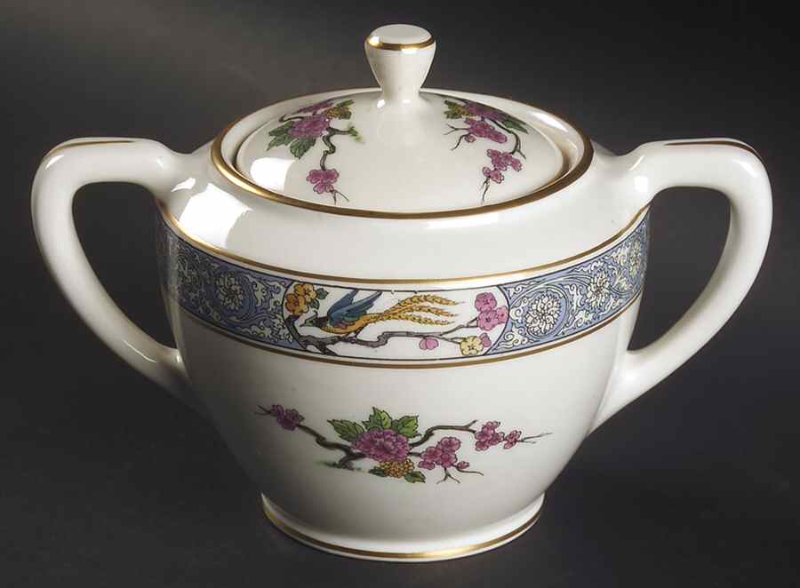 Ming-Birds (Older, Cream, Black Green Stamp) Shape 1962 Sugar Bowl & Lid by Lenox-1