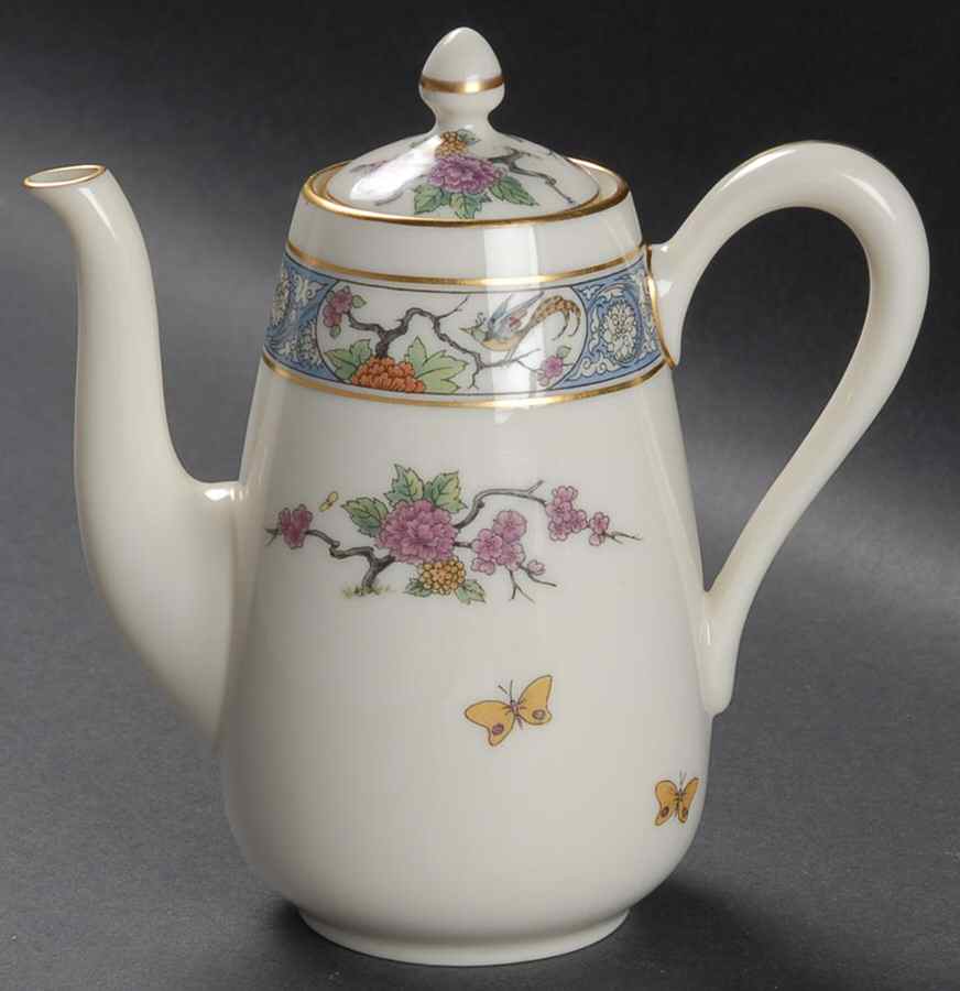 Ming-Birds (Older, Cream, Black Green Stamp) Shape 933 Breakfast Coffee Pot & Lid by Lenox-1