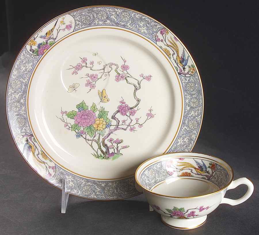 Ming-Birds (Older, Cream, Black Green Stamp) Snack Plate & Cup Set by Lenox-1