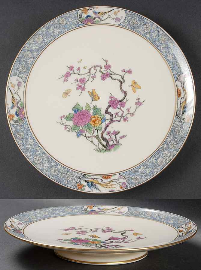 Ming-Birds (Older, Cream, Black Green Stamp) Footed Sandwich Plate by Lenox-1
