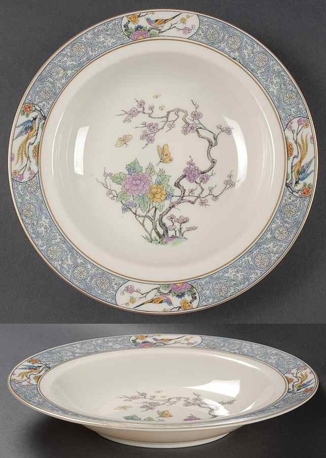 Ming-Birds (Older, Cream, Black Green Stamp) Large Rim Soup Bowl by Lenox-1