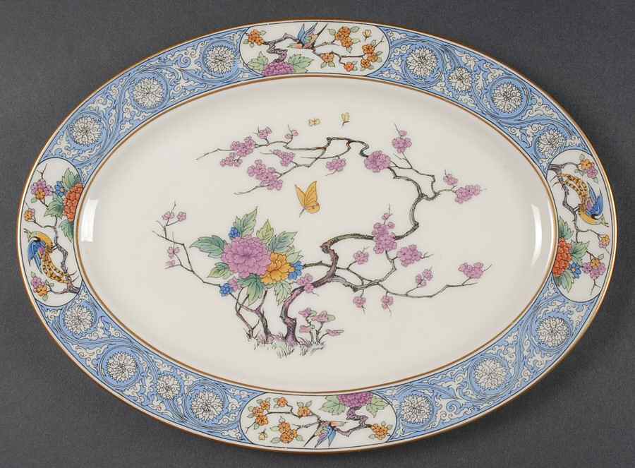 Ming-Birds (Older, Cream, Black Green Stamp) 11" Oval Serving Platter by Lenox-1