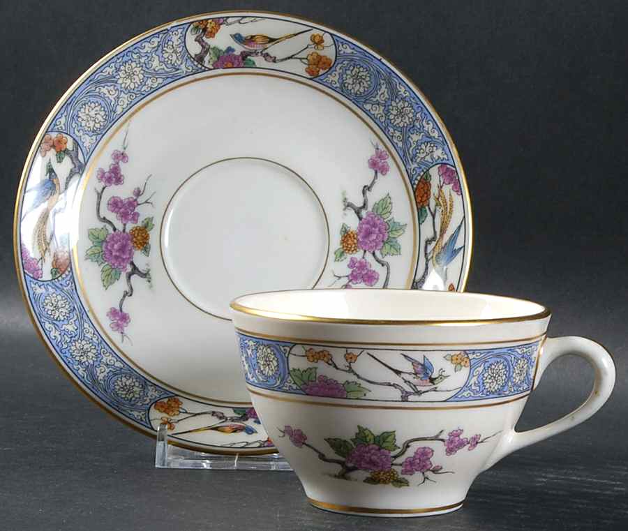 Ming-Birds (Older, Cream, Black Green Stamp) Flat Cup & Saucer Set by Lenox-1