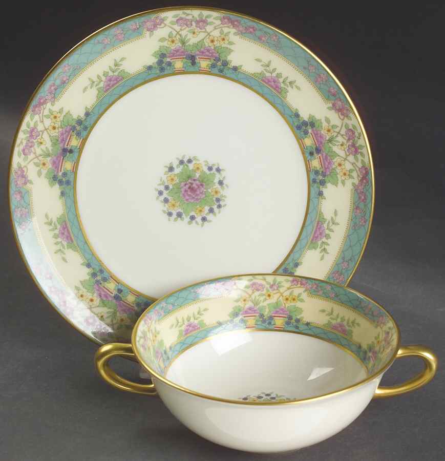 Monticello (Older Green) Flat Cream Soup Bowl & Dessert Plate/Saucer Set by Lenox-1