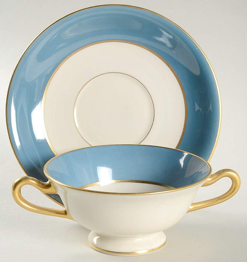 O46D Turquoise and Grey (Smooth) Footed Cream Soup Bowl & Saucer Set by Lenox-1