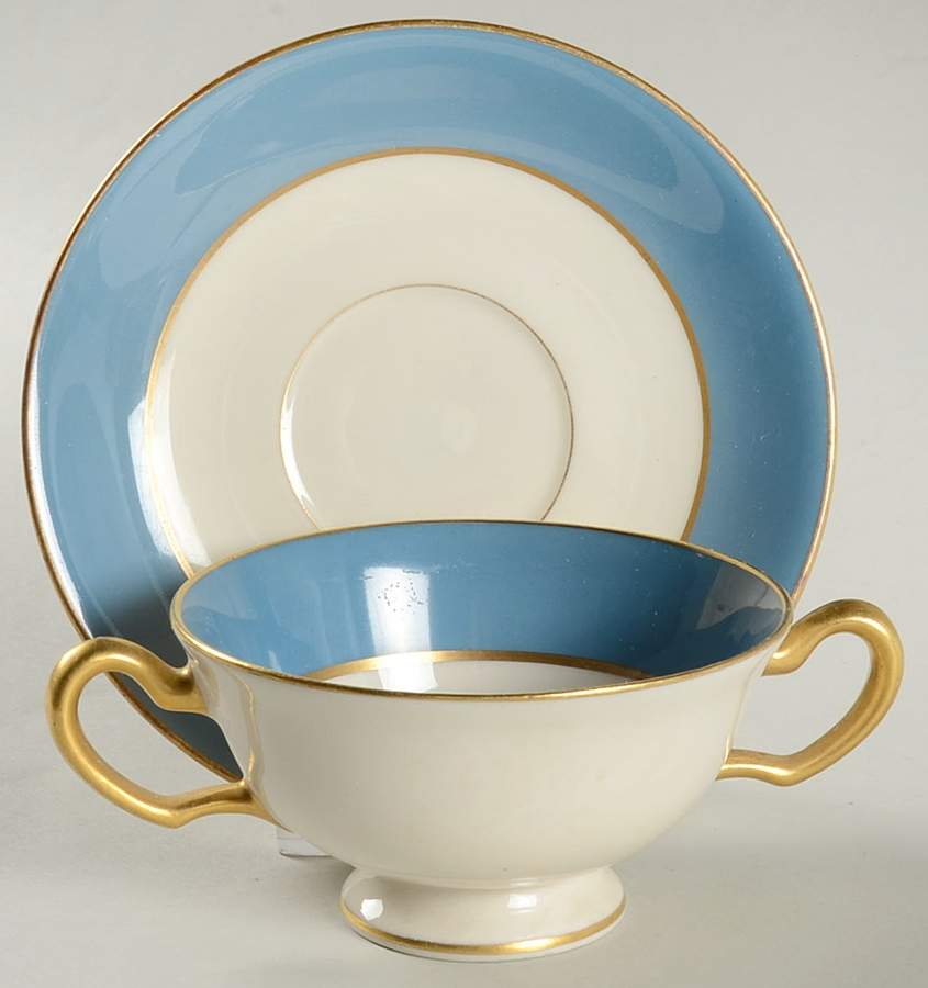O46D Turquoise and Grey (Smooth) Footed Bouillon Cup & Saucer by Lenox-1