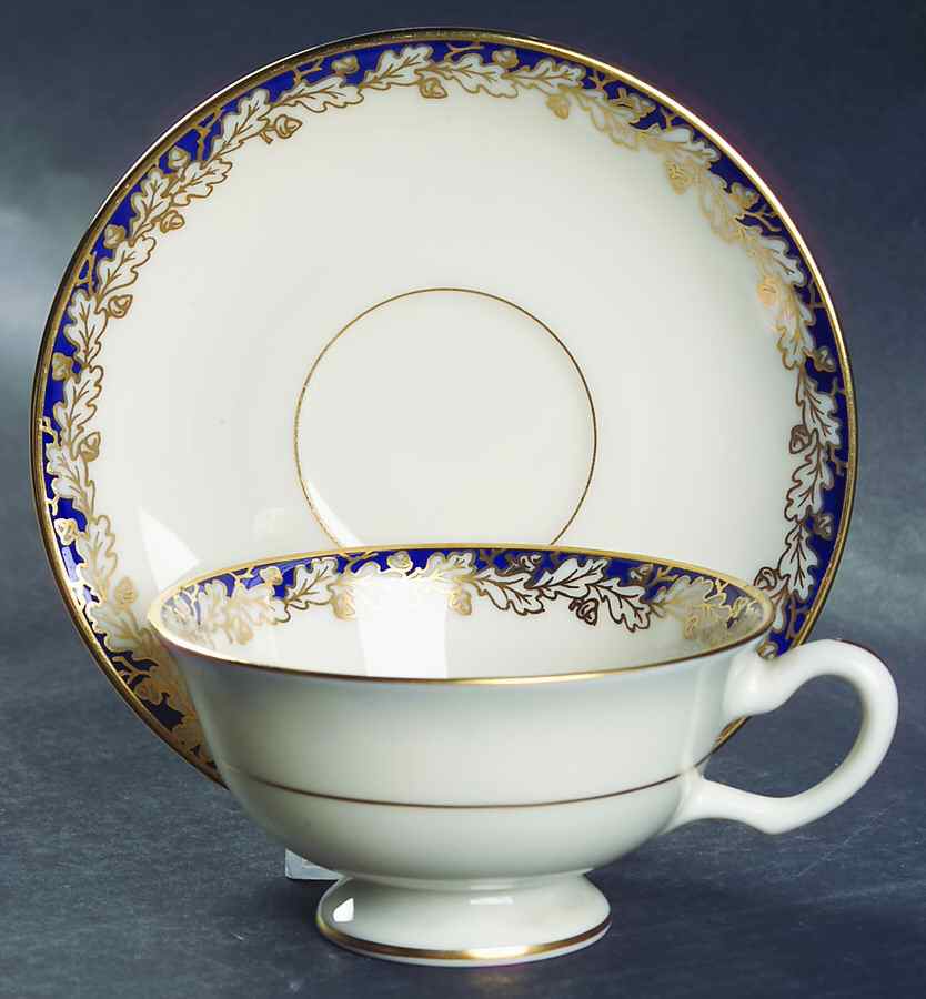 Oakleaf Cobalt Blue (All Cream) Footed Cup & Saucer Set by Lenox-1