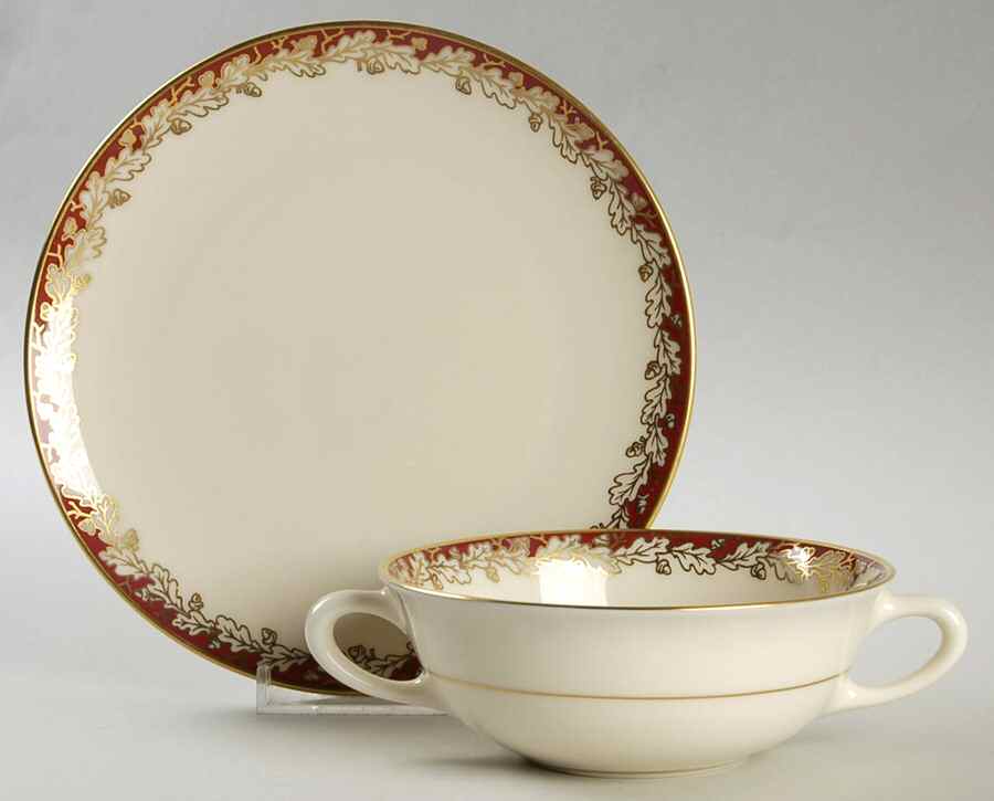 Oakleaf Maroon Flat Cream Soup Bowl & Saucer Set by Lenox-1