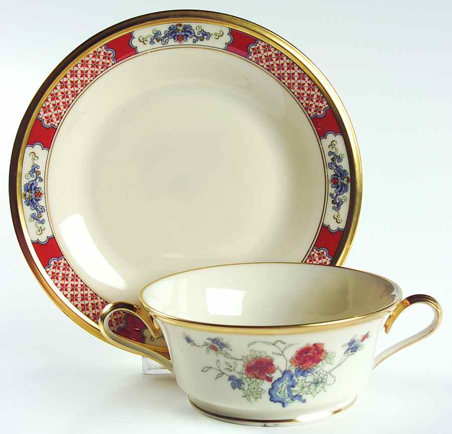 Red Lacquer Footed Cream Soup Bowl & Saucer Set by Lenox-1