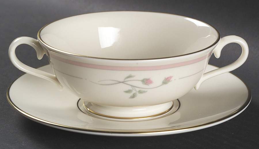 Rose Manor Pink Footed Cream Soup Bowl & Saucer Set by Lenox-1