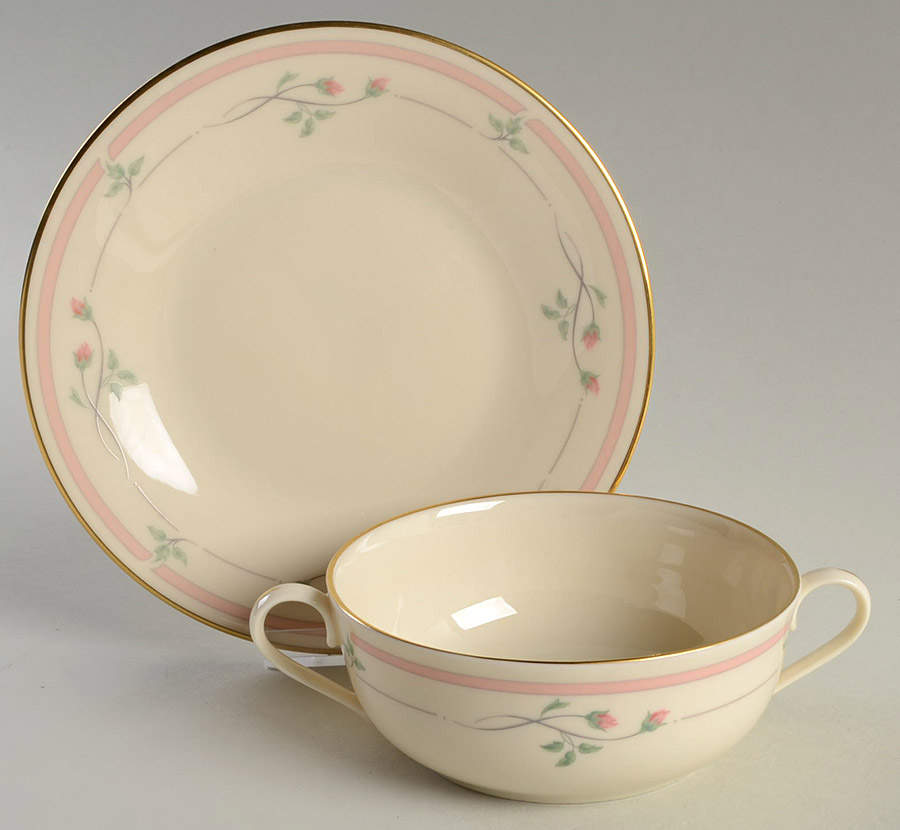 Rose Manor Pink Flat Cream Soup Bowl & Saucer Set by Lenox-1