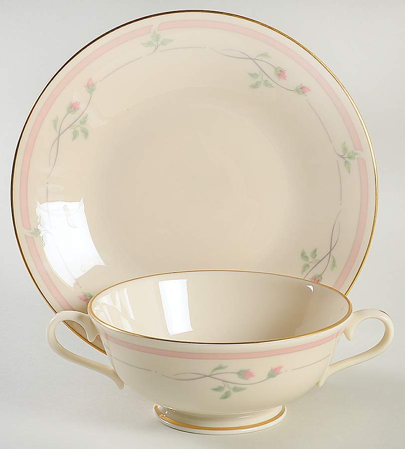 Rose Manor Pink Footed Cream Soup Bowl & Saucer Set by Lenox-1