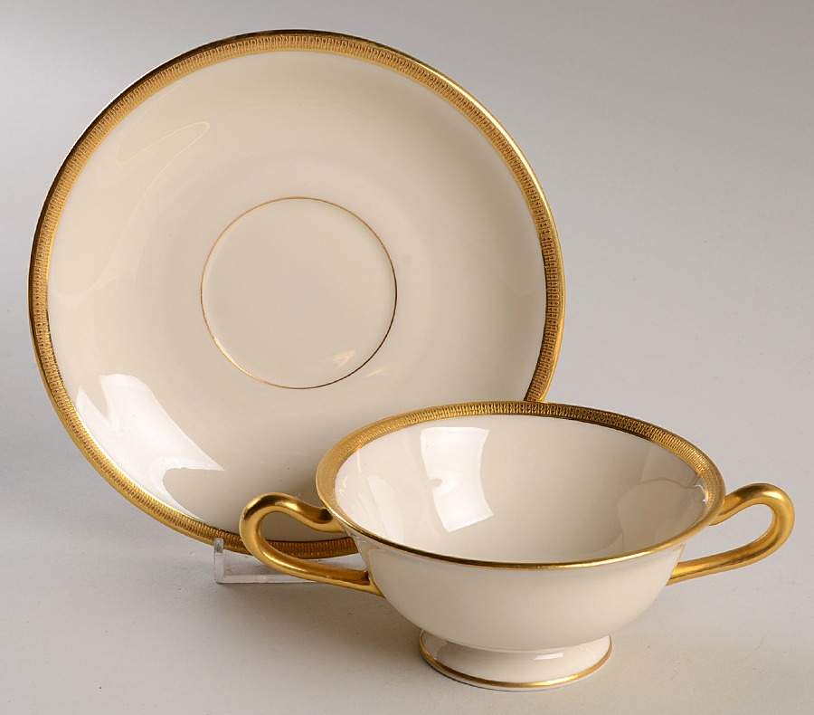 Tuxedo (Green Backstamp) Footed Cream Soup Bowl & Saucer Set by Lenox-1