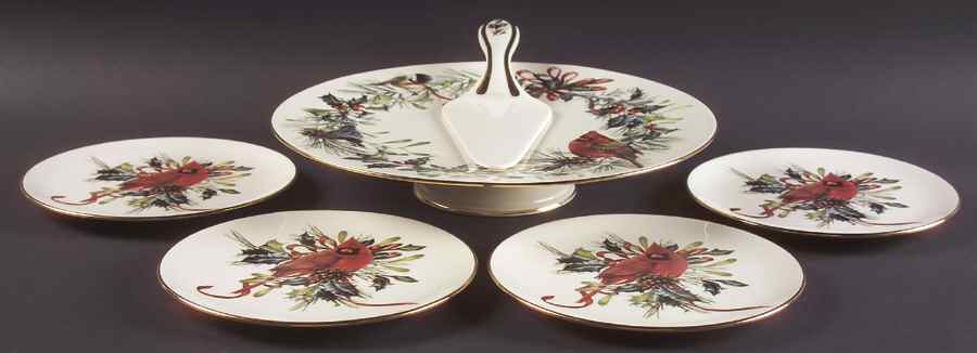 Winter Greetings Dessert Set - 6 Piece (Footed Cake, Server & 4 Plates) by Lenox-1