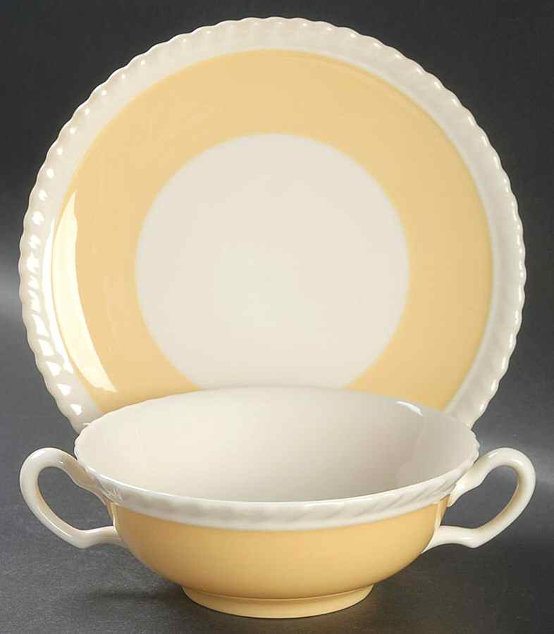 Gadroon Yellow (Rim) Flat Cream Soup Bowl & Saucer Set by Lenox-1