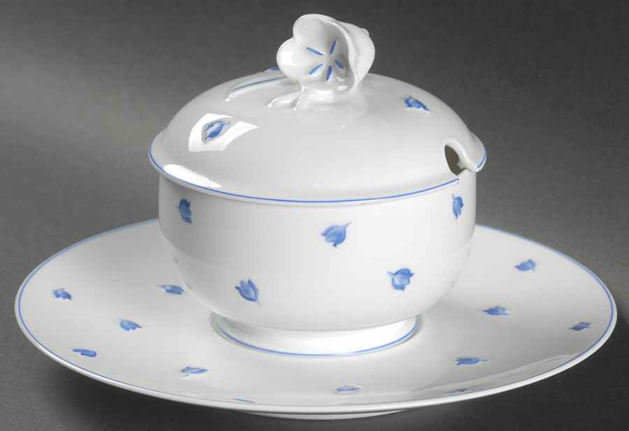Muguet Blue Round Gravy Boat & Lid with Underlate by Lalique-1