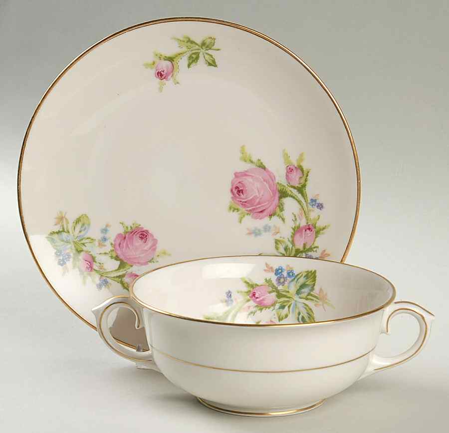 Moss Rose Footed Cream Soup Bowl & Saucer Set by Lamberton-1