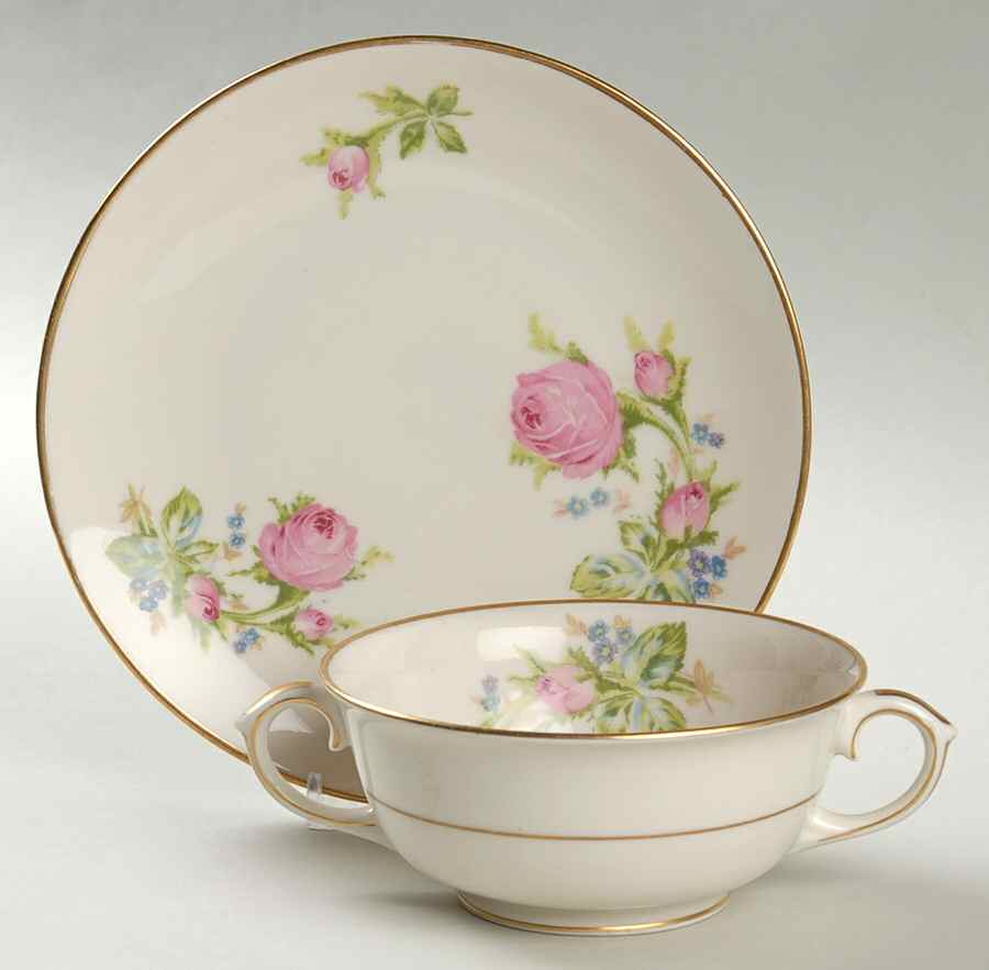 Moss Rose Footed Cream Soup Bowl & Saucer Set by Lamberton-1