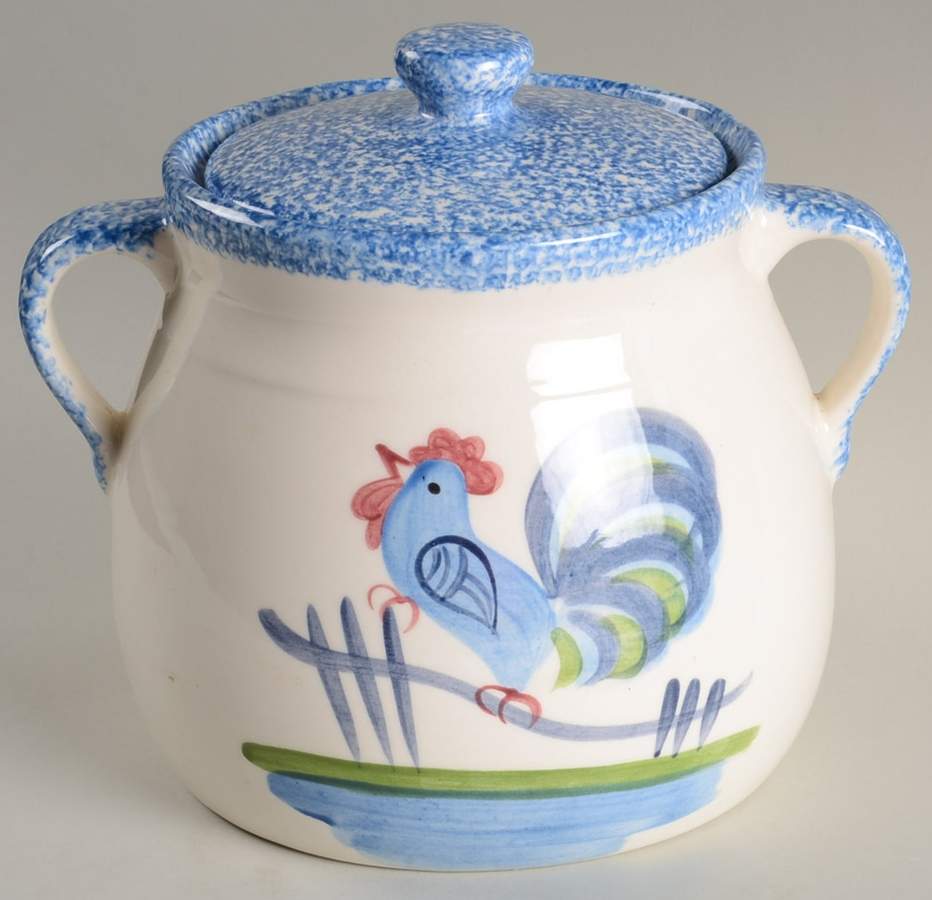 Blue Stipple with Rooster Bean Pot & Lid by Los Angeles-1