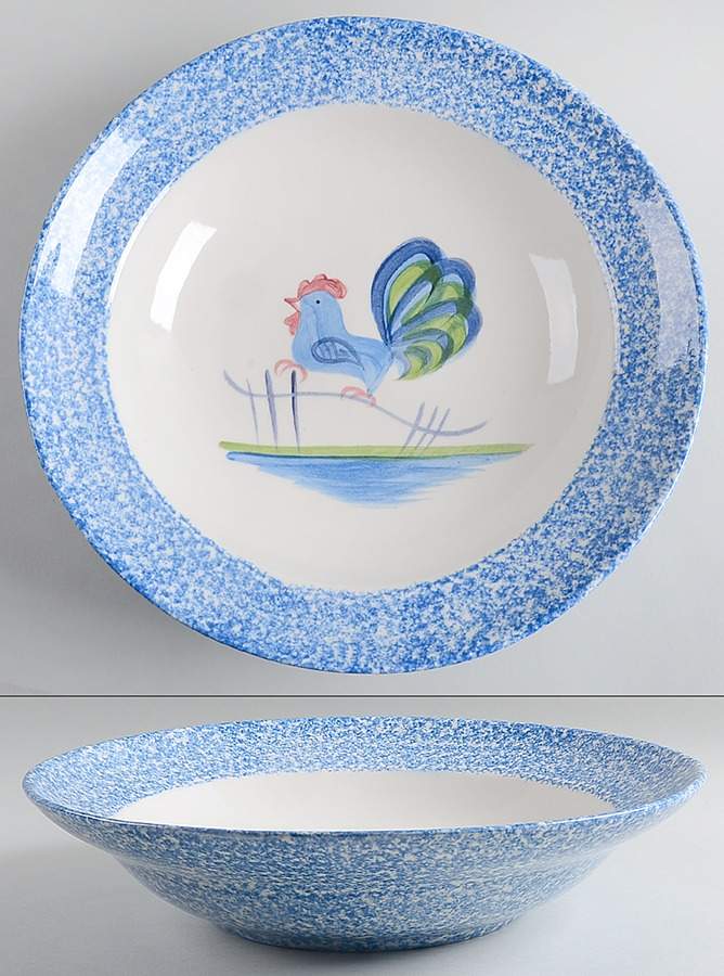 Blue Stipple with Rooster 14" Pasta Serving Bowl by Los Angeles-1