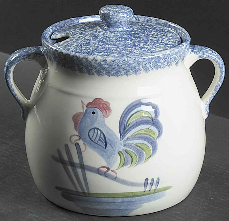 Blue Stipple with Rooster Bean Pot & Lid by Los Angeles-1