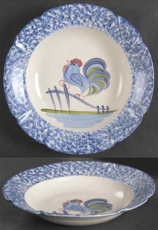 Blue Stipple with Rooster Large Rim Soup Bowl by Los Angeles-1
