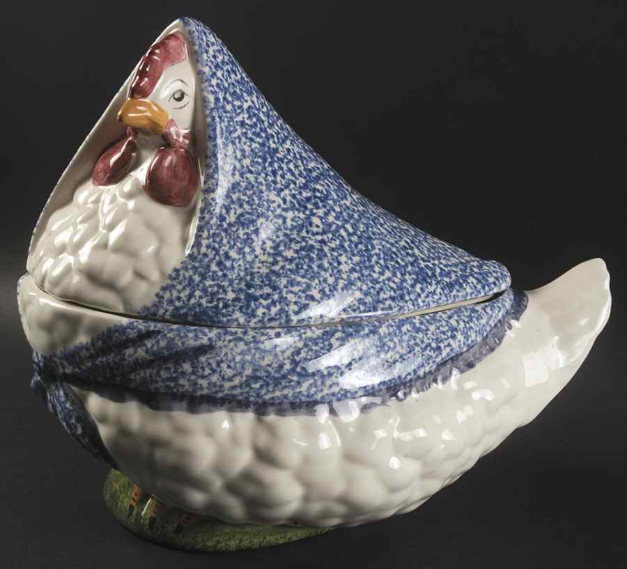 Blue Stipple with Rooster Figural Tureen & Lid by Los Angeles-1