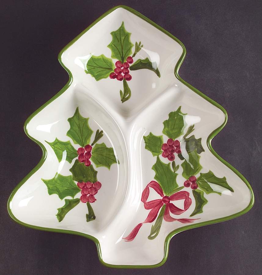 Holly (Green Trim) 3 Part Large Tree Shaped Dish by Los Angeles-1