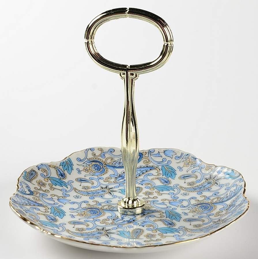 Blue Paisley Round Serving Plate with Handle (BBr) by Lefton-1