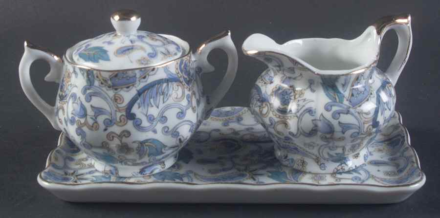 Blue Paisley Mini Creamer & Sugar with Lid & Tray by Lefton-1