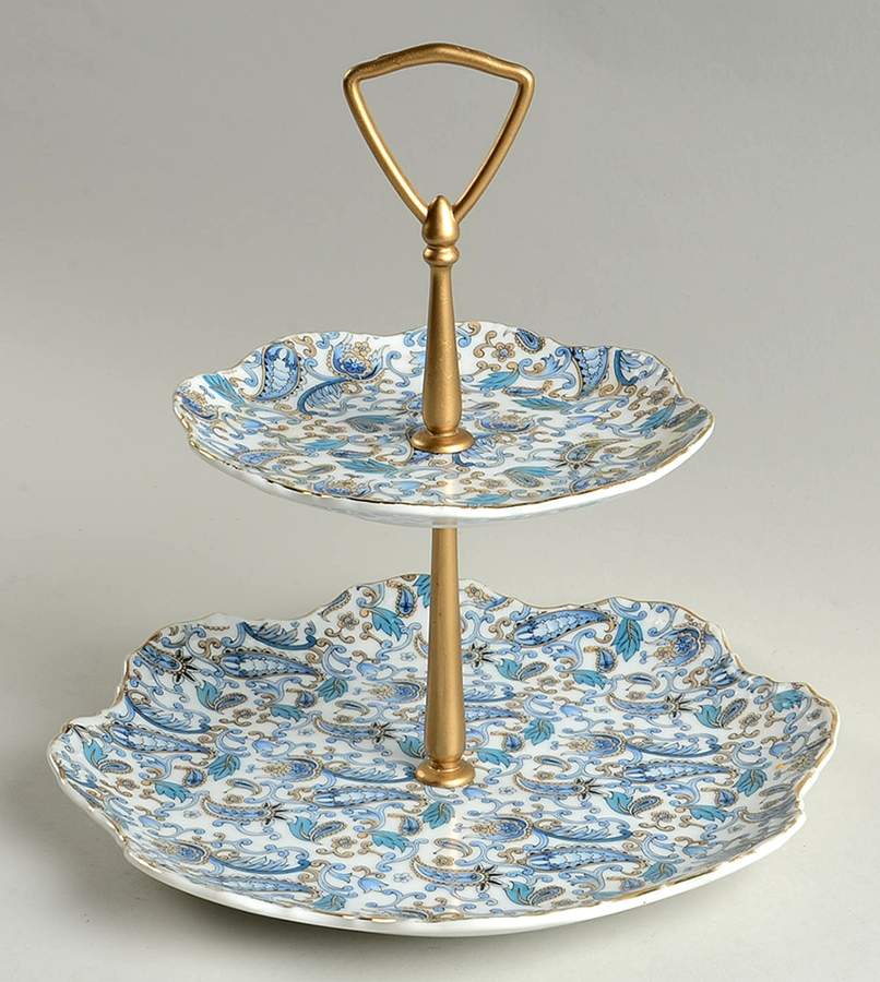 Blue Paisley 2 Tiered Serving Tray (Lunch & Bread/Butter Plate) by Lefton-1