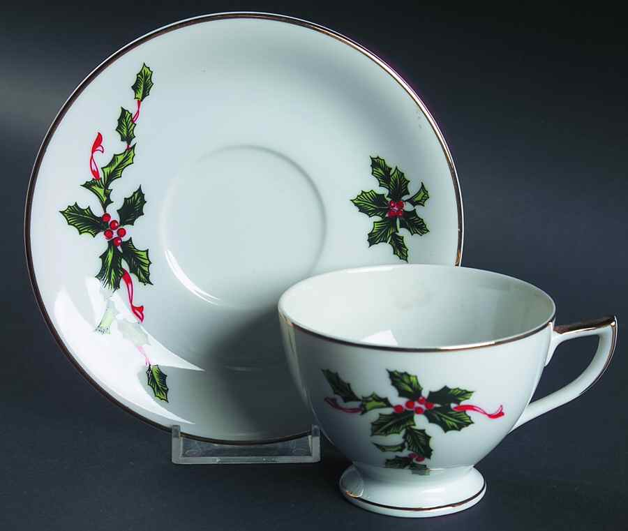 Boughs of Holly (SCALLOPED) Footed Cup & Saucer Set by Lefton-1