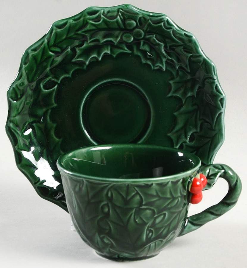 Green Holly Flat Cup & Saucer Set by Lefton-1