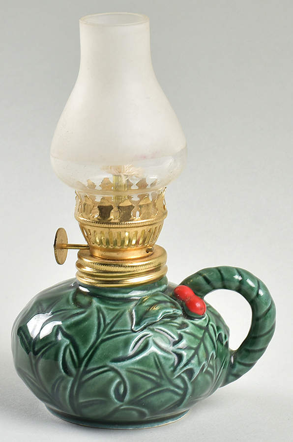 Green Holly Hurricane Lamp & Globe by Lefton-1