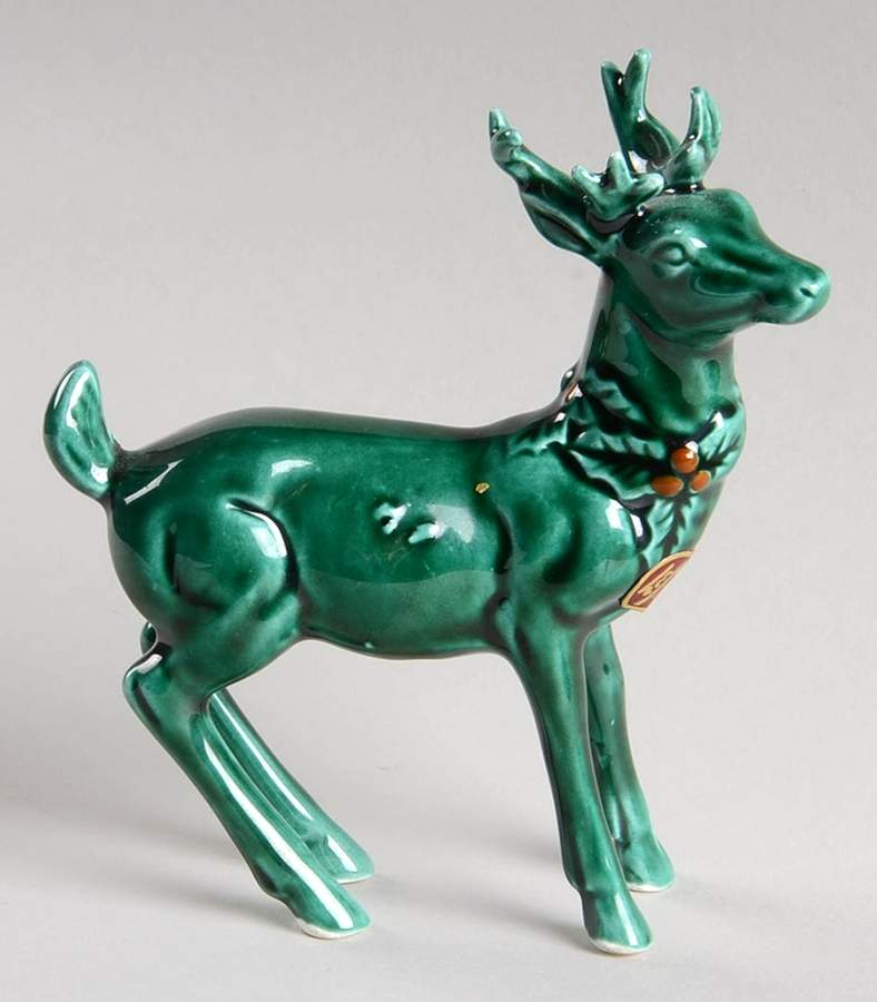 Green Holly Reindeer Figurine by Lefton-1