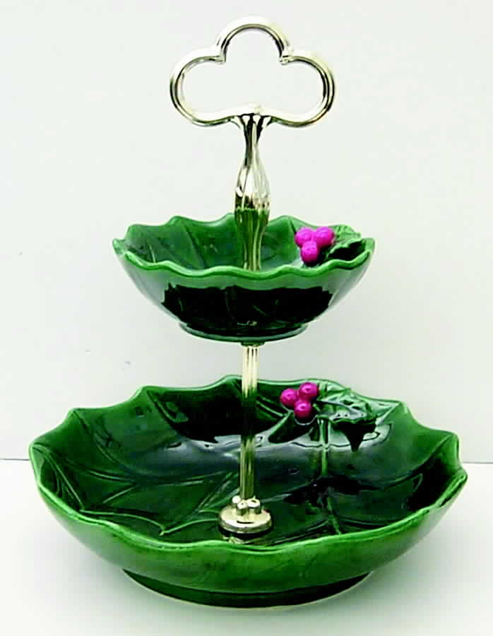 Green Holly Two-Tiered Serving Tray (Fruit, Soup Bowl) by Lefton-1