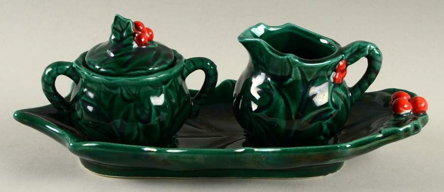 Green Holly Tray for Mini Creamer & Sugar with Lid by Lefton-1