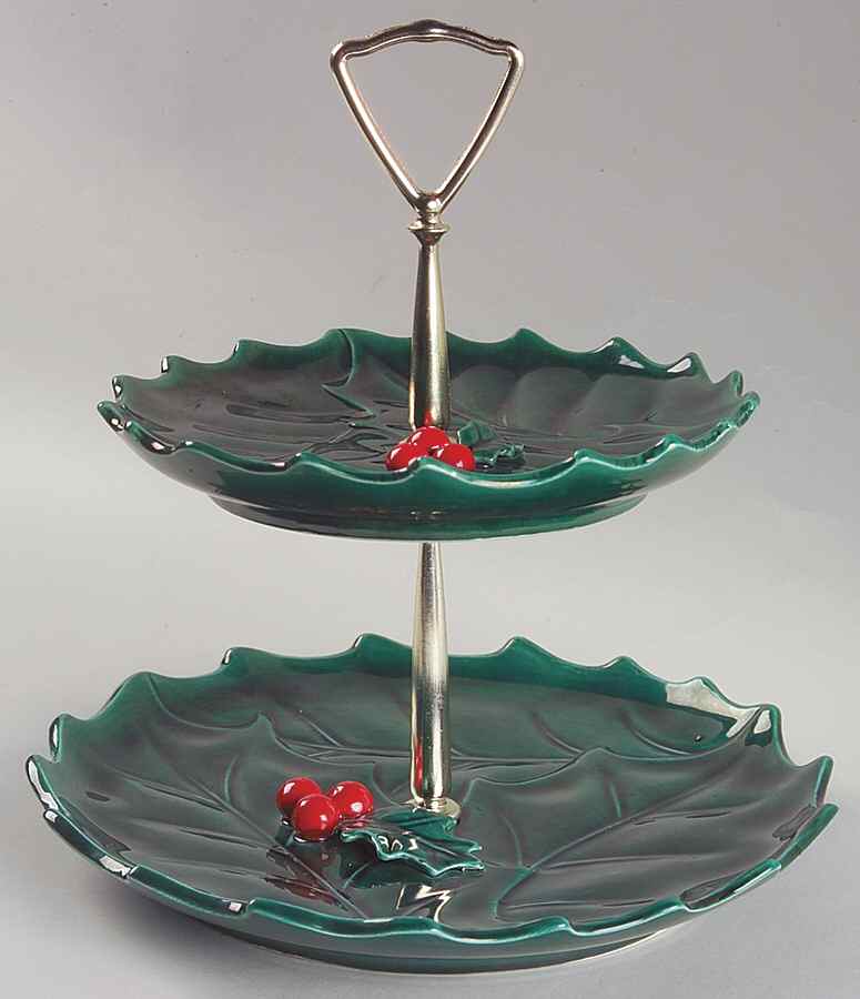 Green Holly 2 Tiered Serving Tray (Luncheon & Salad Plate) by Lefton-1