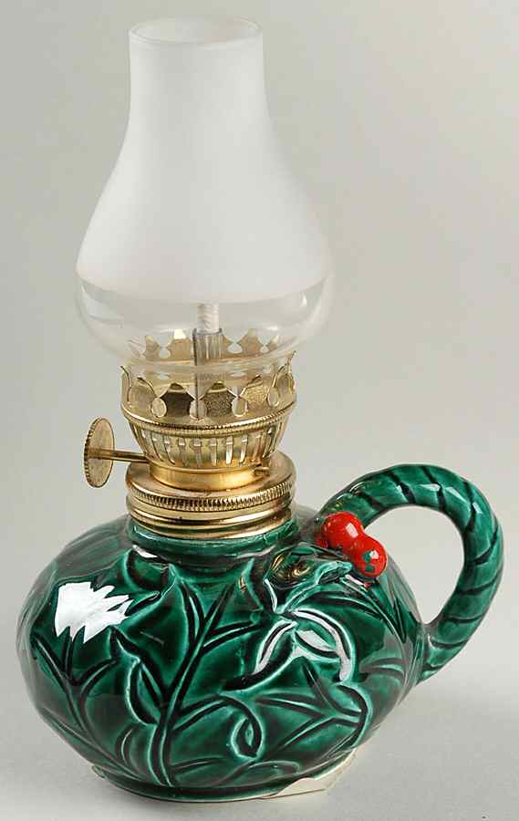 Green Holly Hurricane Lamp & Globe by Lefton-1