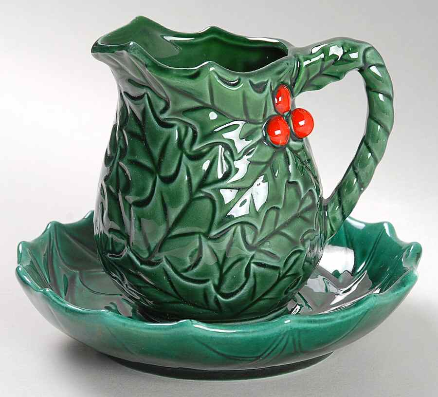 Green Holly Miniature Pitcher & Bowl Set by Lefton-1