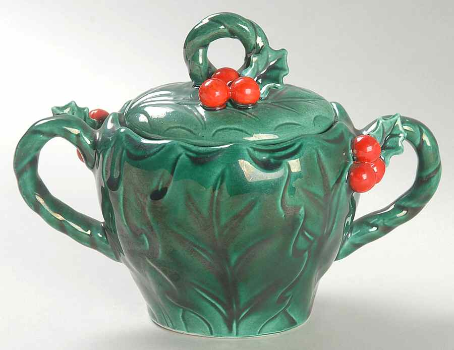 Green Holly Sugar Bowl & Lid by Lefton-1