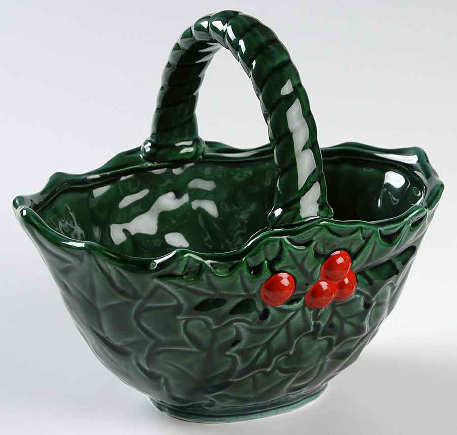 Green Holly Medium Basket with Handle by Lefton-1