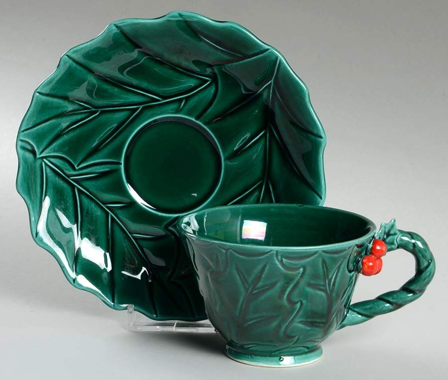 Green Holly Footed Cup & Saucer Set by Lefton-1